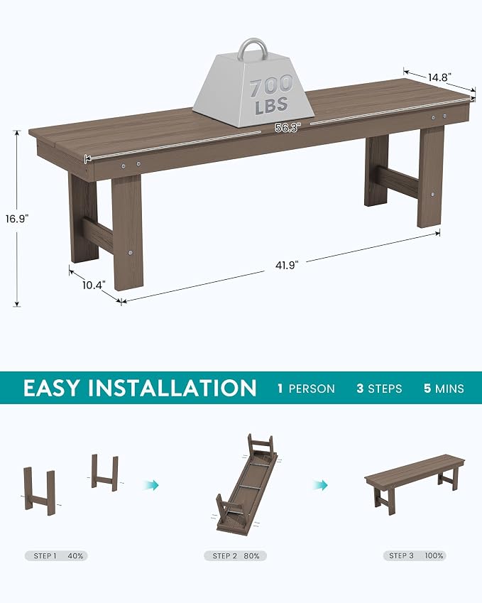 SERWALL 2-Person Outdoor Bench Backless, HDPE Outdoor Benches Weatherproof - Image 3