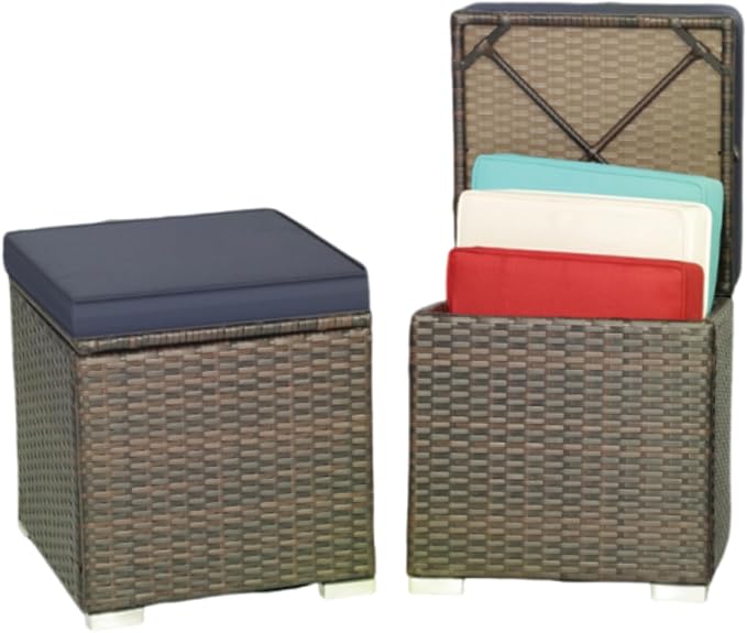 MEDIMALL Patio Wicker Ottoman Set of 2, Rattan Side Table w/Storage, Footstool by MEDIMALL