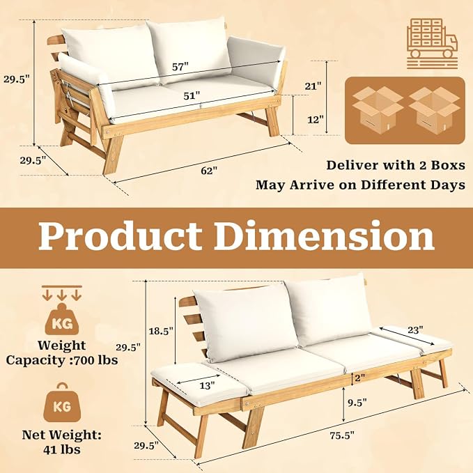 S AFSTAR Patio Convertible Couch Sofa Bed, Acacia Wood Chaise Lounger - Image 3