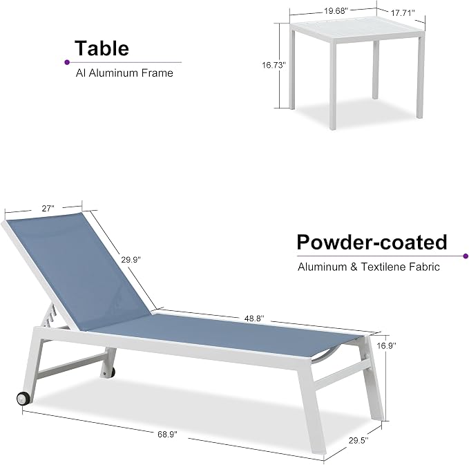 PURPLE LEAF Oversize Chaise Lounge Chair Outdoor 2 Pieces White Aluminum Lounge - Image 2