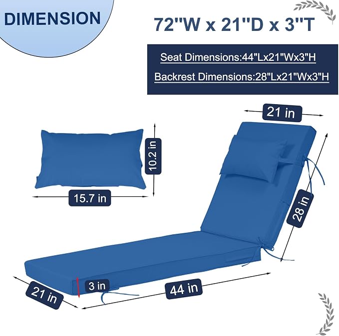Outdoor Chaise Lounge Cushions Set of 2, Waterproof Fade Resistant Patio - Image 2