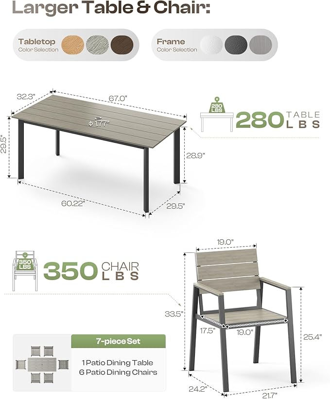Outdoor Dining Set for 6, Aluminum Patio Table and Chairs Set - Image 6
