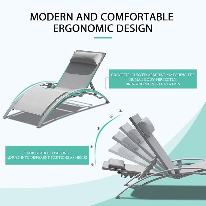 Domi Pool Lounge Chairs Set of 2, Adjustable Aluminum Outdoor Chaise Lounge - Image 3