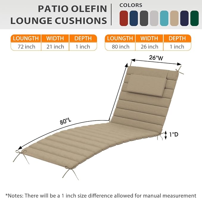 Sundale Outdoor Olefin Quilted Lounge Cushion Set of 2, Patio Foldable Chaise - Image 5