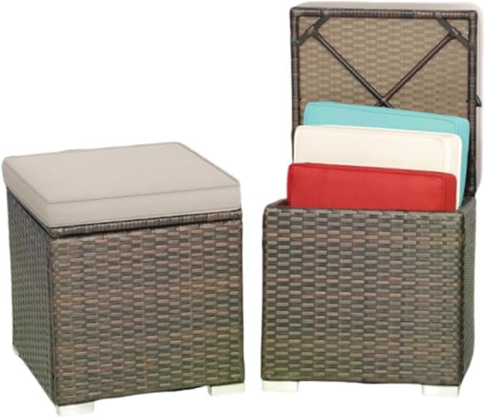 MEDIMALL Patio Wicker Ottoman Set of 2, Rattan Side Table w/Storage, Footstool by MEDIMALL