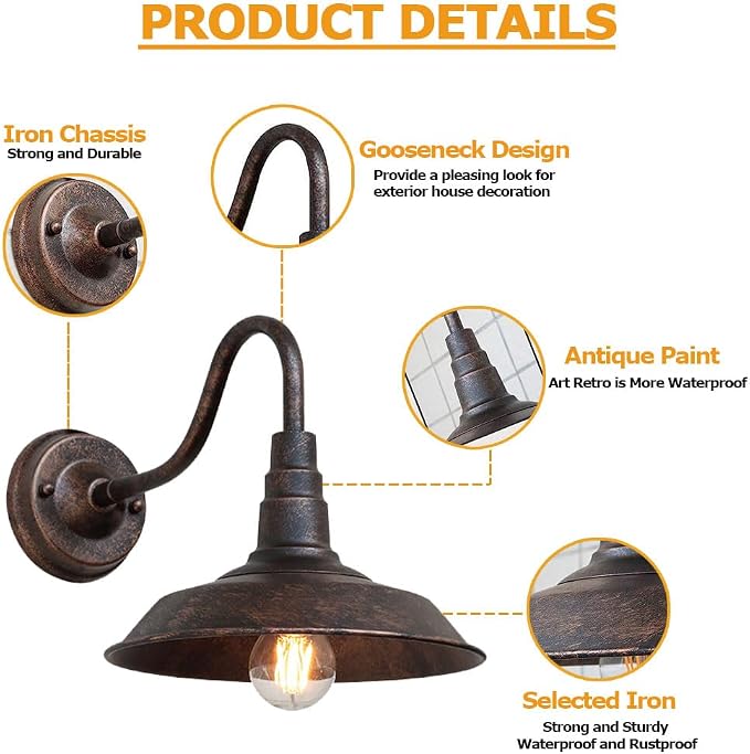 Outdoor Wall Light, 9.8" Iron Art Gooseneck Wall Lanterns, E26 Retro Barn Lights - Image 4