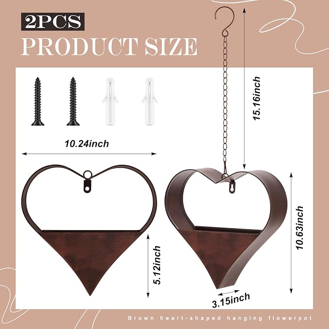 2 Pack Metal Plant Hangers Indoor and Outdoor Rustic Heart Shape Hanging - Image 2