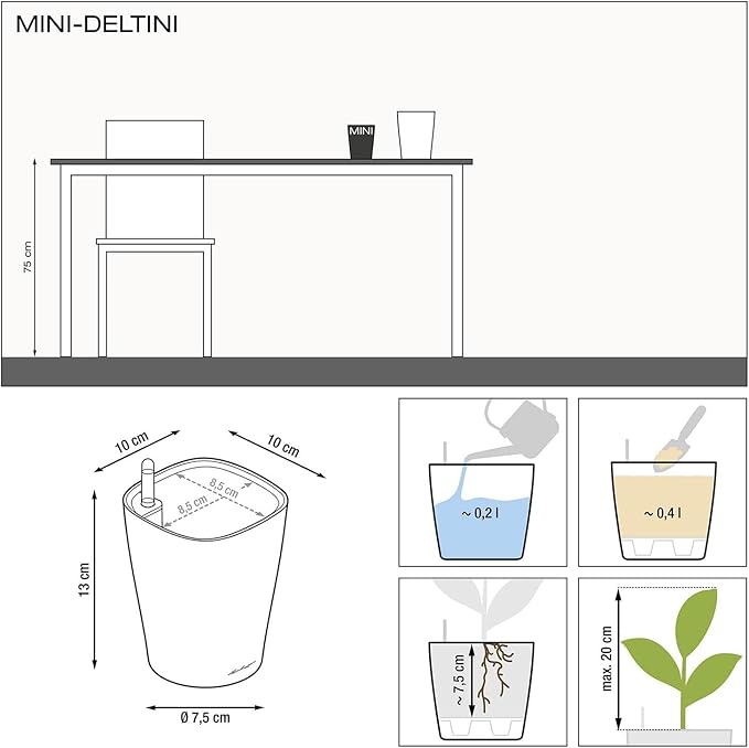 Lechuza MINI-DELTINI Shiny Taupe High Gloss, Self-Watering Small Indoor Planter - Image 7