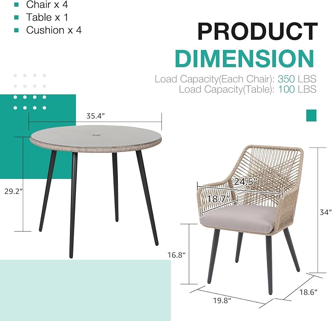 Patiorama 5-Piece Patio Dining Set, Outdoor Dining Table Chair Set, All-Weather - Image 2