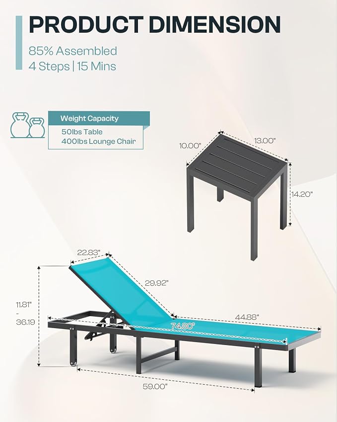 Aluminum Outdoor Lounge Chairs Set of 2, Pool Lounge Chairs - Image 2