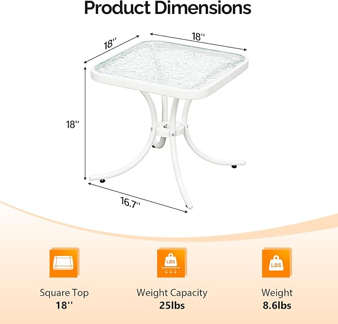 VINGLI Outdoor Side Table, 18in Patio Table Steel Frame Tempered Glass Top - Image 3
