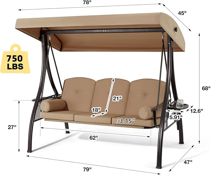 HOMREST 3 Person Outdoor Porch Swing - Image 2