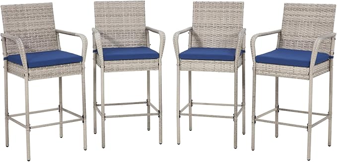 ECOTOUGE Set of 4 Patio Wicker Barstool, Outdoor Rattan Bar Height Chairs by ECOTOUGE