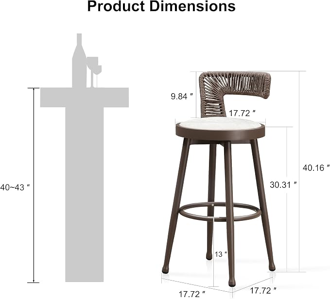 PURPLE LEAF Outdoor Swivel Bar Height Stools Set of 2 Metal Modern Wicker Bar - Image 2