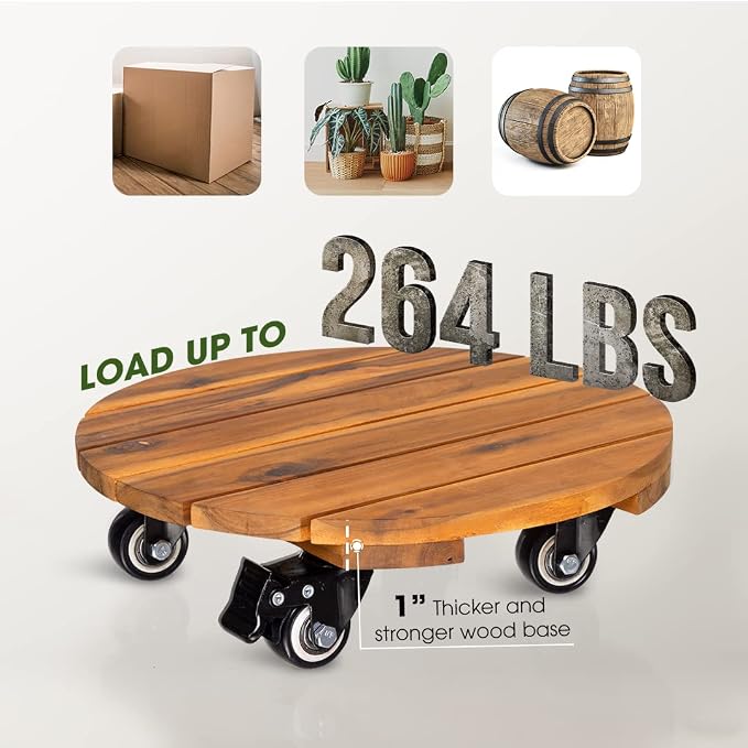 Idzo 2-Pack 14 Inch Acacia Wood Rolling Round Plant Caddy, Plant Caster - Image 5