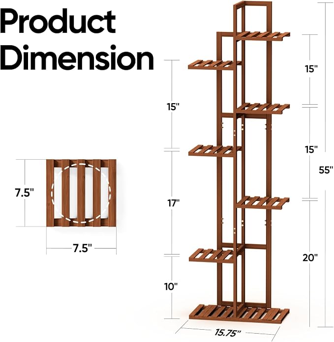 ROSSNY 55 Inch Tall Plant Stand Indoor, 7 Tier 8 Potted Bamboo Plant Stands - Image 2