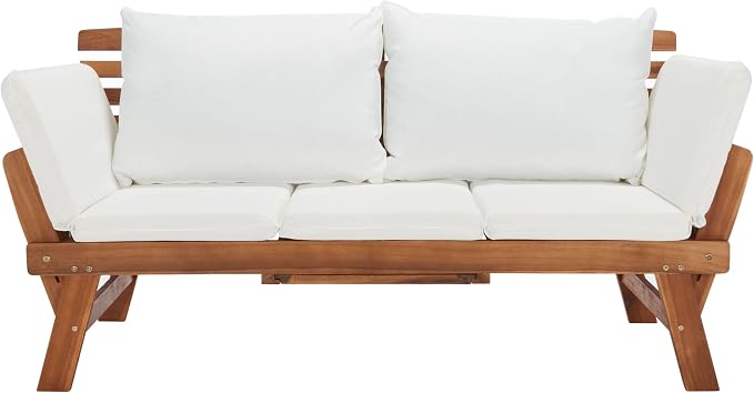 SAFAVIEH Outdoor Collection Emely Natural Acacia Wood/Beige Cushion Expandable by SAFAVIEH