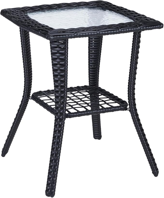 VINGLI Outdoor Side Table with Storage Wicker Patio Side Table, Tempered Glass by VINGLI