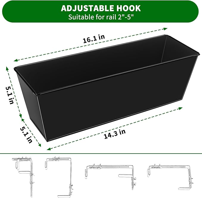 Railing Planter for Outdoor Plants 16 Inch Metal Rectangular Window Boxes - Image 2