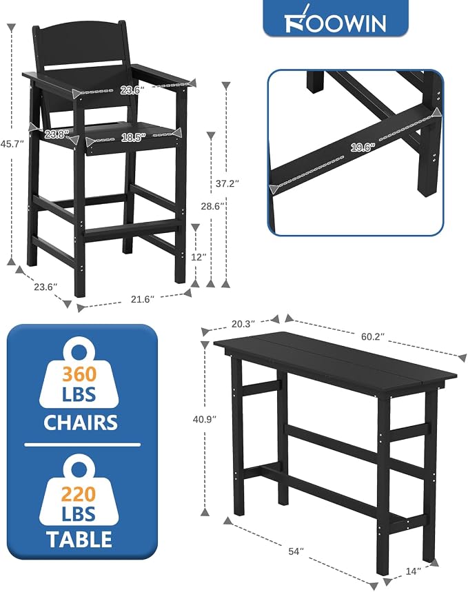 FOOWIN 3 Piece Outdoor Bar Height Table and Chairs, All Weather HDPE Patio Bar - Image 2