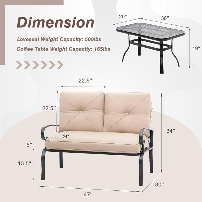 Oakcloud Outdoor 2 Pcs Patio Loveseat Bench Metal Frame Furniture Set - Image 3