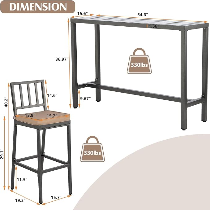 Outdoor Bar Chairs & Table, Metal Patio Bar Set - Image 2