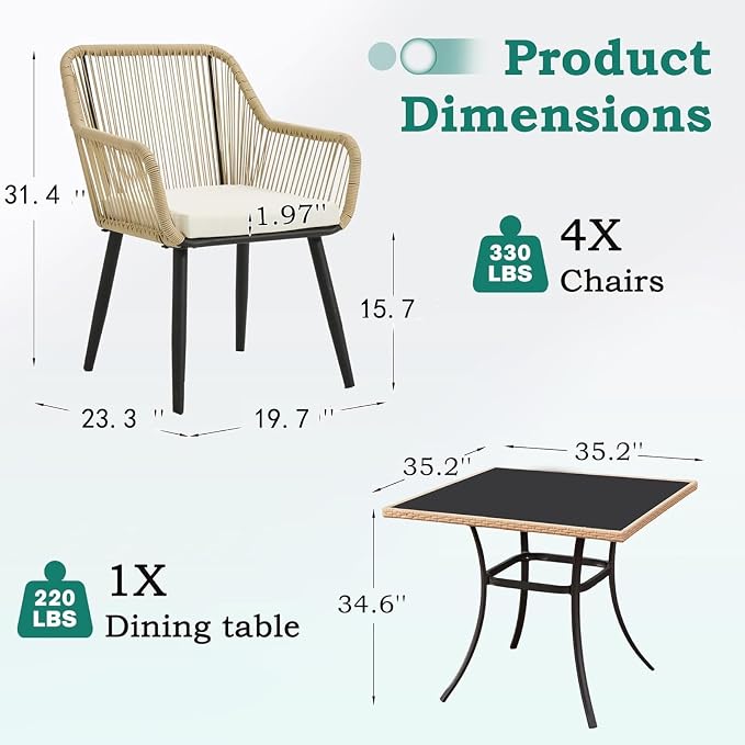 ECOTOUGE 5 Piece Patio Dining Set, Wicker Outdoor Furniture Set w/Glass Table - Image 5