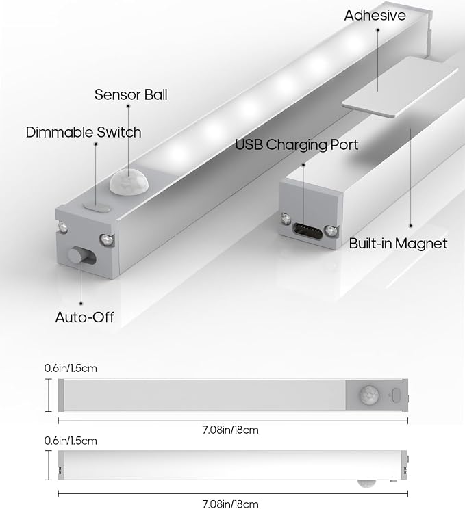 Led Under Cabinet Lights Wireless, 7’’ Rechargeable Motion Sensor Light Indoor - Image 3