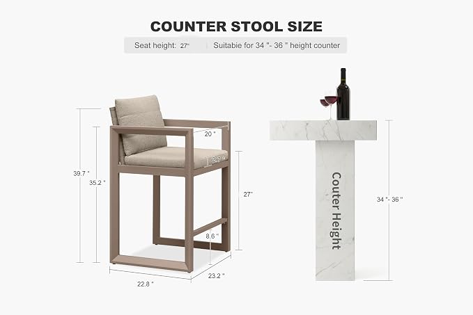 PURPLE LEAF Outdoor Counter Height Bar Stools Set of 2 27 Inch Modern Aluminum - Image 2