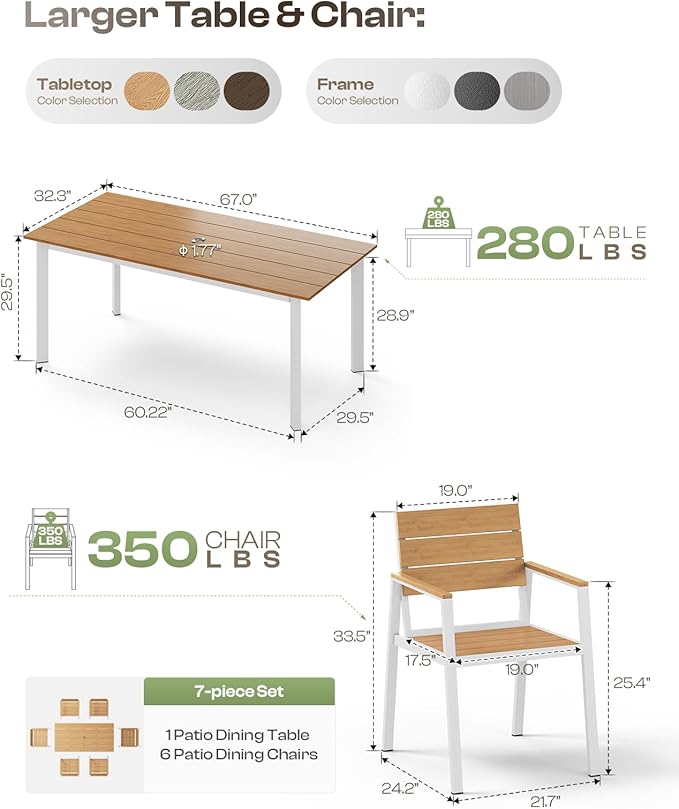 Aluminum Outdoor Dining Set for 6, Patio Table and Chairs Set - Image 6