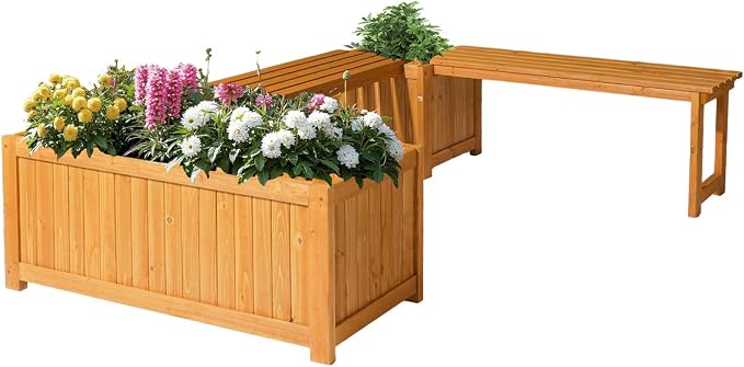 VINGLI Outdoor Wood Bench with Planter Boxes, 2-in-1 All-Weather Porch Bench by VINGLI