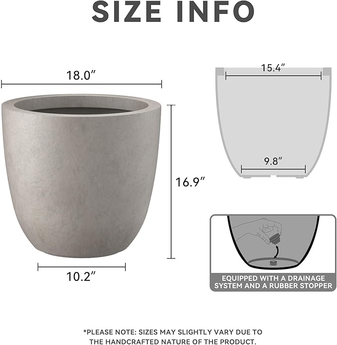 Kante 18 Inch Diameter Round Concrete Planter, Indoor Outdoor Large Plant Pot - Image 2