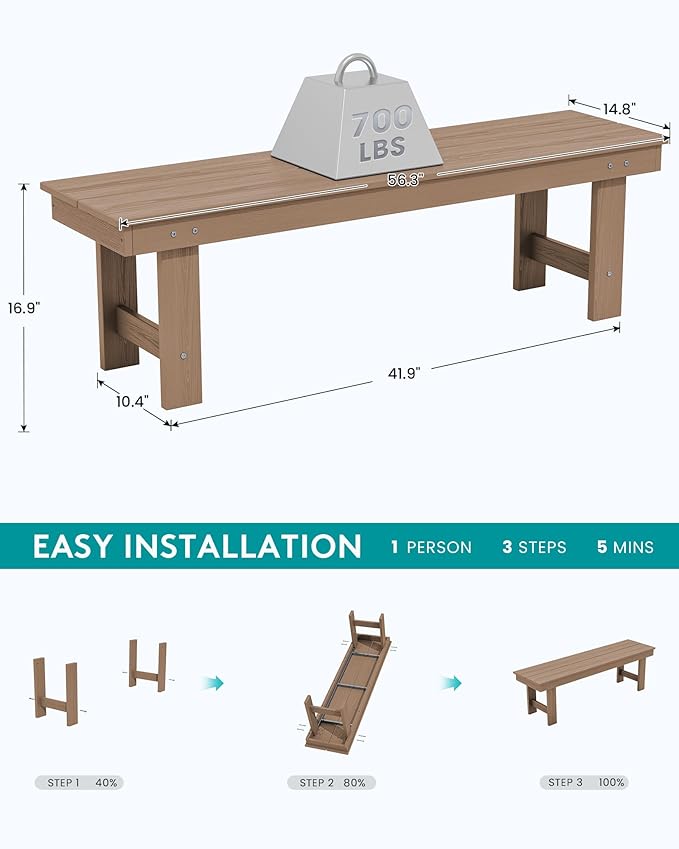 SERWALL 2-Person Outdoor Bench Backless, HDPE Outdoor Benches Weatherproof - Image 3
