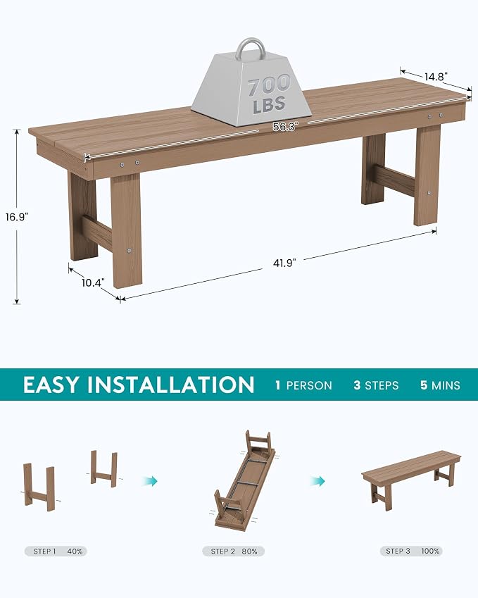 SERWALL 2-Person Outdoor Bench Backless, HDPE Outdoor Benches Weatherproof - Image 3