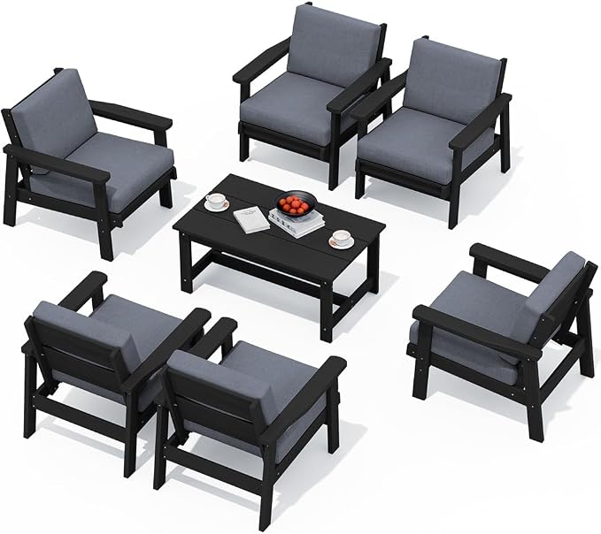 SERWALL HDPE Outdoor Furniture Set, 7 Piece All Weather Wood-Like Outdoor Sofa by SERWALL