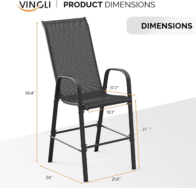 VINGLI Outdoor Bar Chairs Set of 6 – Stackable Outdoor Bar Stools - Image 3