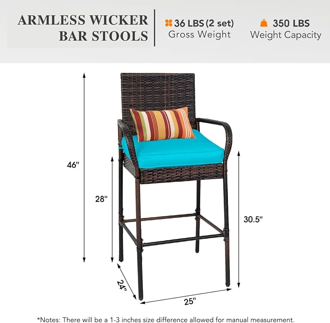 Sundale Outdoor Wicker Bar Stool Set of 2, Patio Counter Height Pub Chair - Image 3
