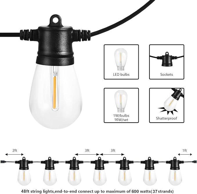 SUNTHIN Outdoor String Lights, 48FT Patio Lights - Image 2