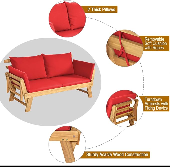 Tangkula Convertible Acacia Wood Patio Couch Sofa Bed - Image 7