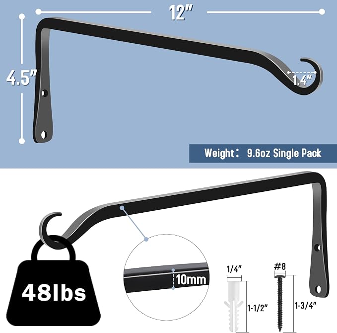FEED GARDEN 2 Pack 12 Inch Hanging Plant Bracket Wall Hooks Decorative Plant - Image 2