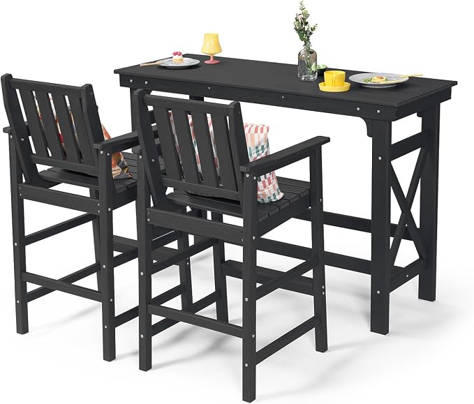 3 Pieces HDPE Outdoor Bar Table and Chairs Set, Tall Adirondack Chairs Set of 2 - Image 9