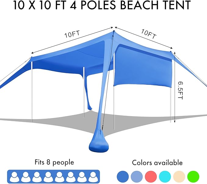 Beach Canopy Tent Shade with Sidewalls 10x10FT, 6.6FT Tall, UPF50+ Sun Shelter - Image 4