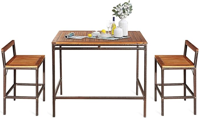 HAPPYGRILL 3 Pieces Outdoor Wicker Rattan Bar Set, Acacia Wood Patio Dining - Image 8