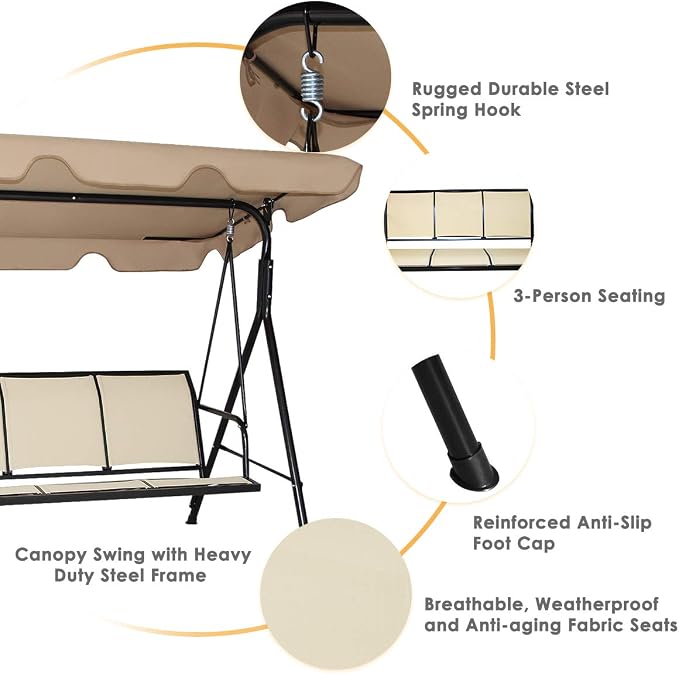 Tangkula 3 Person Patio Swing, Steel Frame - Image 5