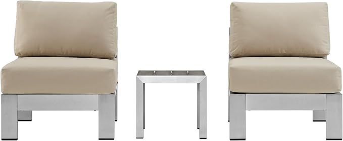Modway Shore 3-Piece Aluminum Outdoor Patio Furniture Set in Silver Beige - Image 3