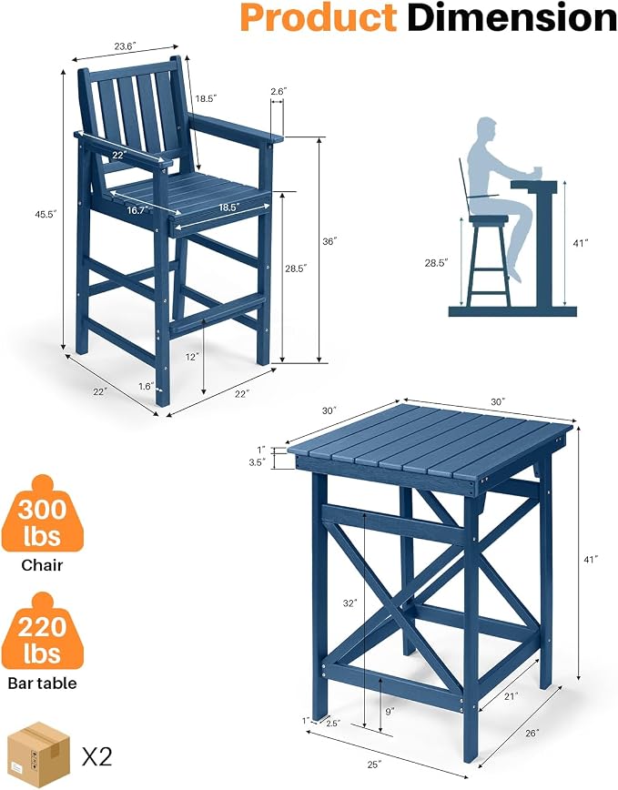 5 Pieces Adirondack Bar Chairs Set, HDPE Patio Bar Height Table and Chairs - Image 4