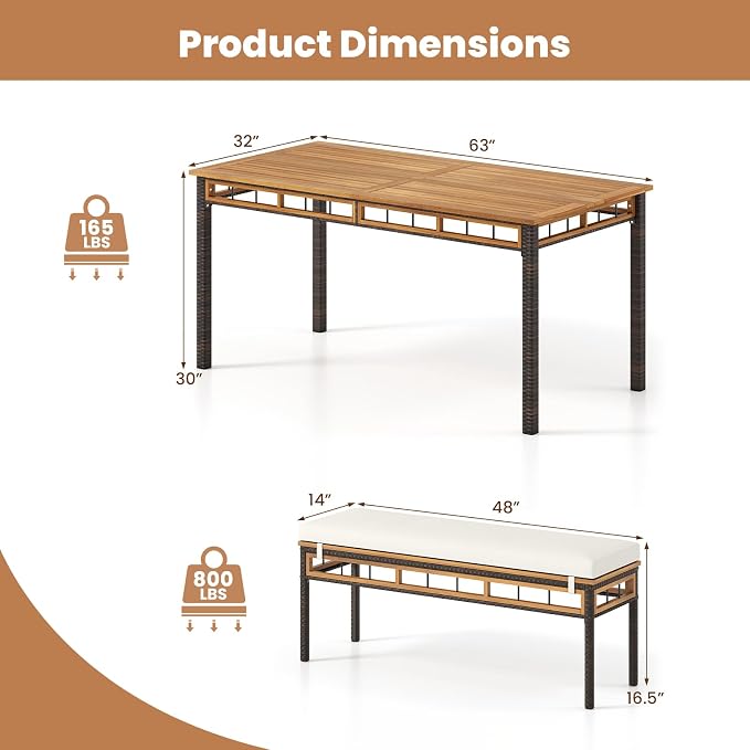 Tangkula 3 Pieces Wood Patio Dining Set, Outdoor PE Wicker Rectangular Acacia - Image 9