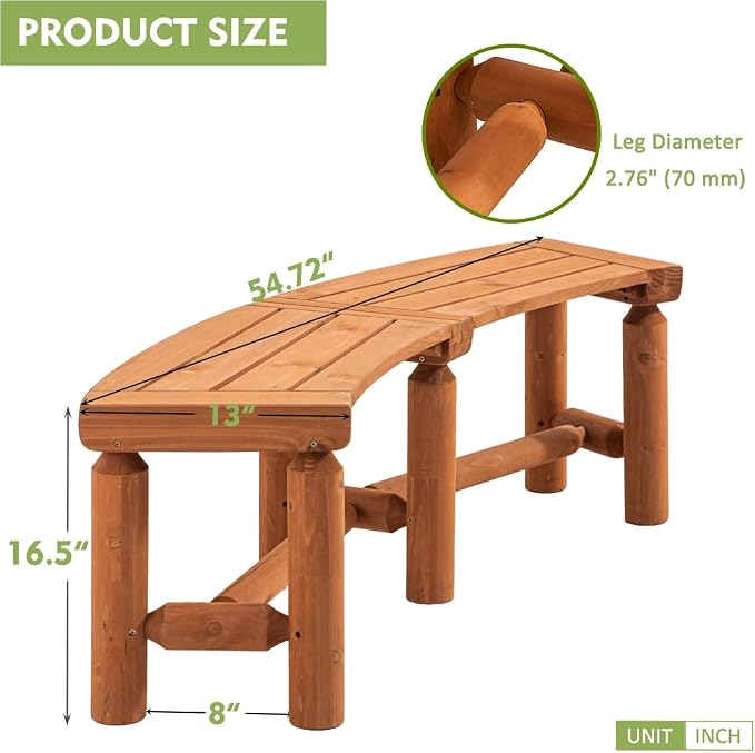 Outdoor Wooden Curved Backless Porch Bench Rustic Style Cedar/Fir Wood Log Fire - Image 2