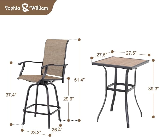 Sophia & William Outdoor Bar Set, Patio Bar Table & Chairs Set, Bar Height - Image 7
