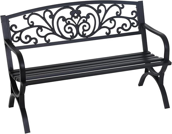 FDW Outdoor 50 Inches Garden Bench, Slatted Seat Armrests Floral Design Backres by FDW
